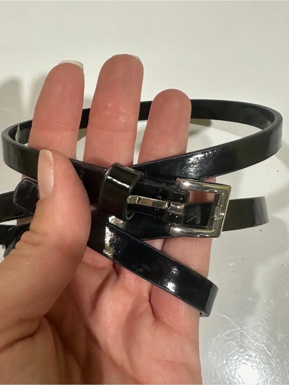 Classic Patent Narrow Black Women’s Belt with Silver Buckle